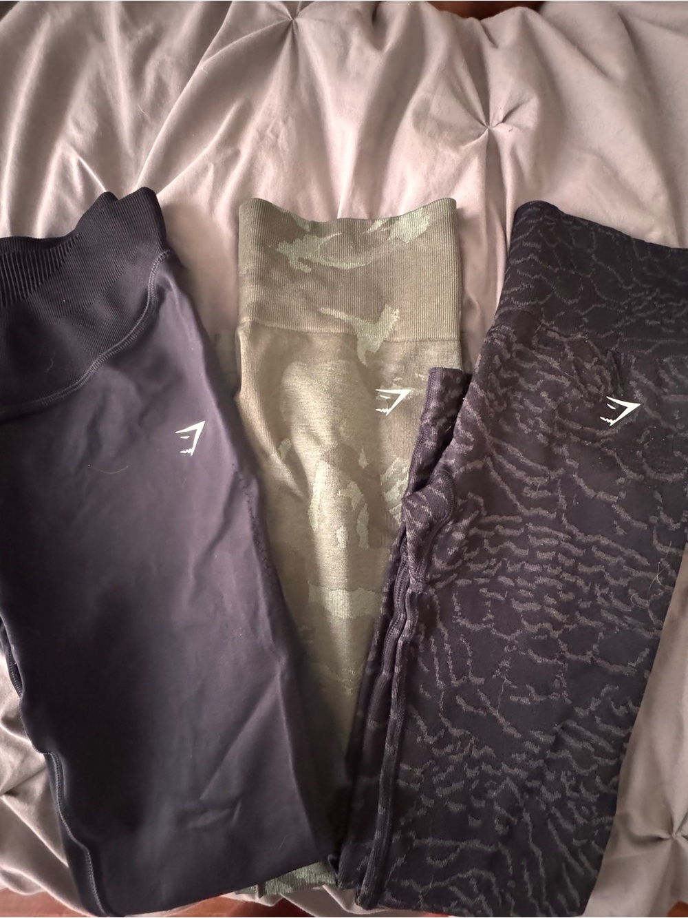 Gymshark Leggings Trio in Black, Olive Green, and Charcoal Pattern